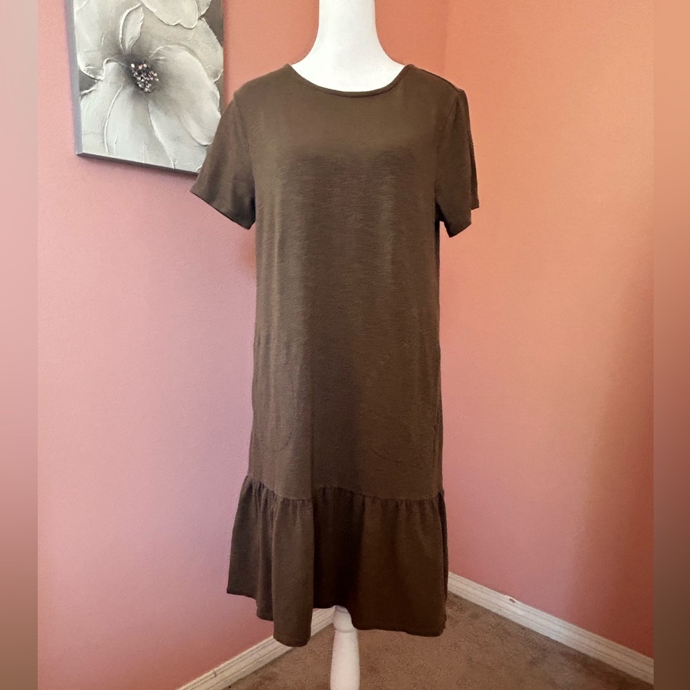 J. Jill brown ruffle hem simple relaxed comfy throw on and go dress pockets S pt